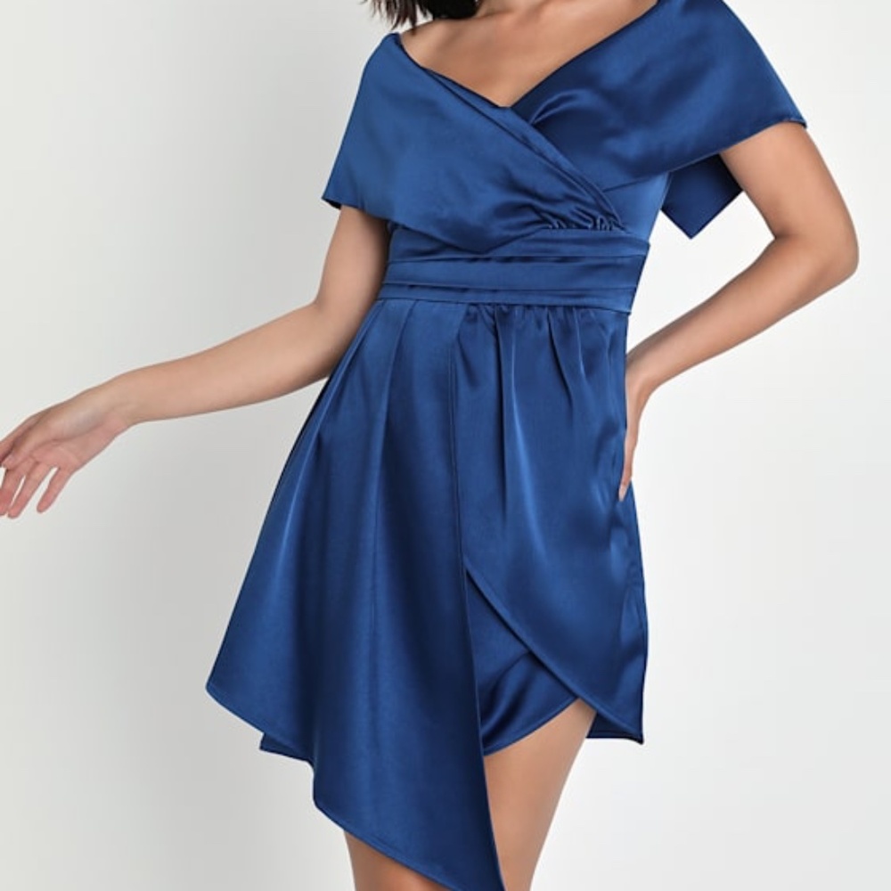 Lulus Always Celebrating Navy Blue Satin Off-the-shoulder Mini Dress - Size S